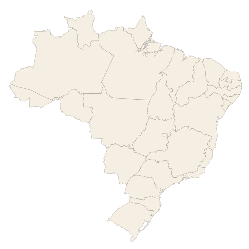 Mapa do Brasil com um ponto em cada cidade onde Bianca Salles já deu palestra ou formação: Recife, Salvador, Porto Alegre e nove cidades do interior de São Paulo.